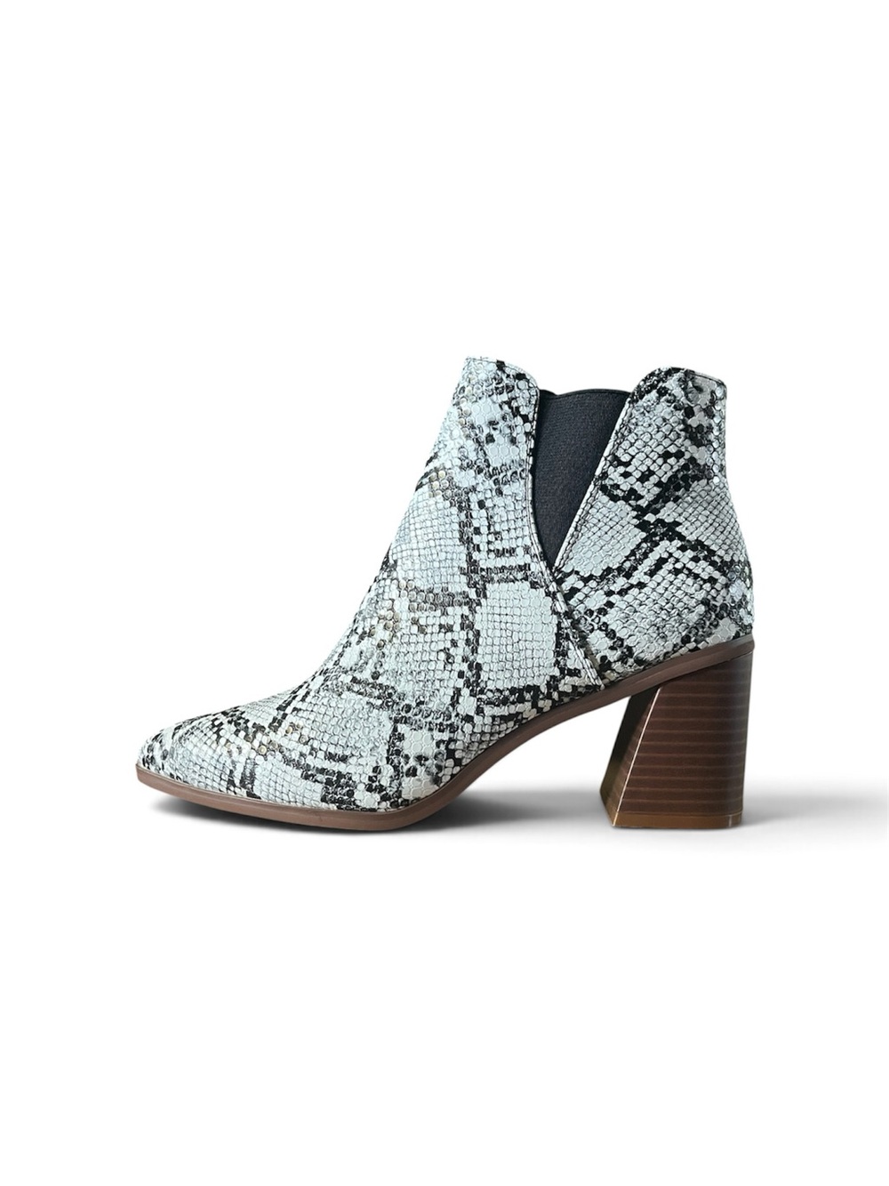 Snake Print Block Heel Ankle Boots - White/Black